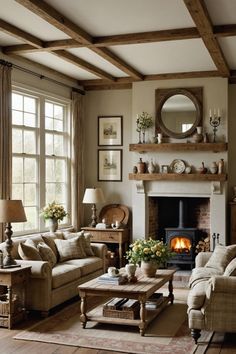 a living room filled with furniture and a fire place in the middle of a room