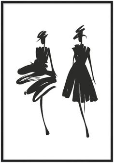 two black and white silhouettes of dresses on mannequins, one is wearing a hat