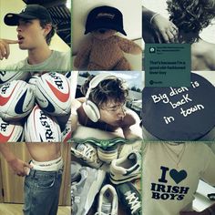 a collage of photos with various items including shoes, t - shirts and hats