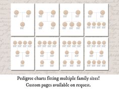 six different family trees with the names and numbers on each one, all labeled in brown circles