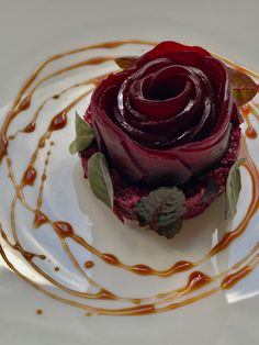 a red rose on a white plate with caramel sauce drizzled around it