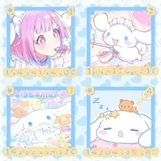 four different pictures of anime characters with pink hair and blue eyes, one is holding a teddy bear