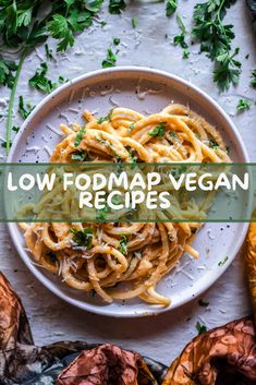 low fodmap vegan pasta recipe on a white plate with parsley