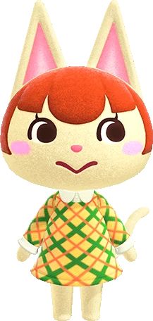 an animal crossing character is wearing a green and yellow dress with pink ears on it's head