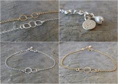 "This is a sparkly interlocking circle bracelet. The 2, 3 or 4 sterling silver or gold filled links are symbolizing infinite love. It is light, modern and minimalist. Personalize it with a small hand stamped initial disc and tiny fresh water pearl for sisters, friends , bridesmaids DETAILS - sterling silver or gold filled cable chain - 8 mm interlocking sterling silver or gold filled textured circles - 6mm hand stamped sterling silver or gold filled disc - 4mm teardrop fresh water pearl Please n Elegant Silver Jewelry For Best Friend Gift, Delicate Silver Jewelry For Best Friend, Elegant Infinity Bracelet For Best Friend, Dainty Round Bracelet For Bridesmaid Gift, Elegant Round Jewelry For Best Friend Gift, Sister Bracelets, Sister Bracelet, Gift Sister, Infinite Love