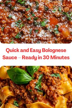 two pictures with the words quick and easy bolognzoe sauce ready in 30 minutes