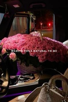 a car with flowers in the back seat