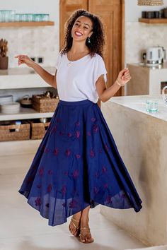 Floral blooms in leafy bouquets enhance this beautiful midnight blue skirt designed by Shalabh. The front of the skirt features chikankari hand embroidery floral and leafy motifs in a bordeaux color, while the back is unadorned. The back of the skirt has an elasticized panel, and a zipper opening and hook-and-eye on the left side allow for easy access. The skirt is lined with black cotton. Navy Bouquet, Handkerchief Hem Skirt, Handkerchief Skirt, Bordeaux Color, Embellished Skirt, Embroidered Handkerchief, Cotton Sundress, Dapper Day, Embroidery Floral