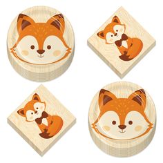 four plates with different pictures of foxes on them