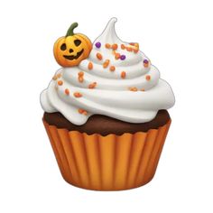 a cupcake with white frosting and sprinkles has a jack - o'- lantern on top