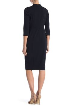 A sheath dress features a cutout mock neck with a twist for ultimate sophistication. Fit: this style fits true to size. Keyhole mock neck. 3/4 length sleeves. Back zip closure. Crepe fabrication. Unlined. Approx. 40" length (size 2). Imported Elegant Career Dresses With 3/4 Sleeves, Fitted Career Dress With 3/4 Sleeves, Bodycon Midi Dress With 3/4 Sleeve, Formal Stretch Midi Dress With 3/4 Sleeve, Fitted Midi Dress With Ruched 3/4 Sleeve, Fitted Ruched Midi Dress With 3/4 Sleeve, Nordstrom Dresses, Sheath Dress, Sleeve Dress