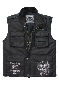 Motorhead Vest Jacket Man Motorcyclist Ranger Black The description of this item has been automatically translated. If you have any questions, please feel free to contact us. INFORMATION Product information "Motorhead Ranger Vest" PLEASE NOTE: Our licensed products are not discounted! large back print 2 large lettering patches on the back 2 prints on the front warpig metal buttons removable Motörhead pin on chest zipper with Motörhead lettering comfortable and straight cut 4 large patch pockets Lemmy Kilmister, Pull Sweat, Outerwear Vest, Urban Outfits, Sleeveless Vest, Light Jacket, Zip Sweatshirt, Bold Fashion, Straight Cut