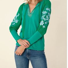 Beautiful Quality And Color But Too Big For Me . I’m 5’4” And I Think This Top Better Suited For 5’6” Or Taller . It’s Longer In Body And Sleeves Than All The Other Items I Have Of This Designer. Orig $218. I Bought On Sale $110. Green Blouse With Embroidered Sleeves For Spring, Green Long Sleeve Embroidered Top For Spring, Spring Green Long Sleeve Embroidered Top, Spring Green Embroidered Long Sleeve Top, Green Embroidered Long Sleeve Top For Spring, Long Sleeve Jersey, White Embroidery, Jersey Top, Emerald Green