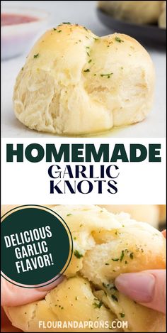 homemade garlic knots with text overlay that reads, homemade garlic knots delicious garlic flavor