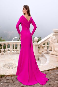 Reverie Couture SS019 long sleeve crepe gown. Luxury Pre-draped Evening Maxi Dress, Luxury Pink Floor-length Evening Dress, Pink 3/4 Sleeve Evening Dress, Pink Evening Dress With 3/4 Sleeves, Pink Pre-draped Evening Gown, Glamorous Evening Dresses, Plunging Neckline, Fit And Flare, Full Length