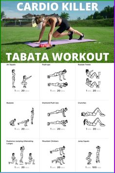 the cardio killer tabata workout is shown with instructions to do it and how to use