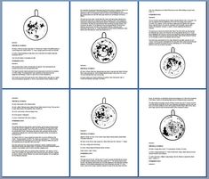 four different christmas ornaments are shown in black and white, with blue trimmings