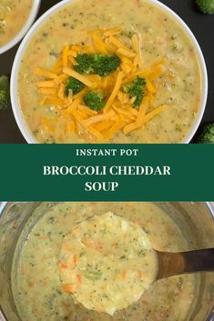 broccoli cheddar soup in a bowl with cheese on top and the words instant pot broccoli cheddar soup