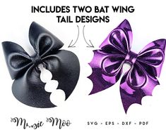 two black and purple bows with the words, includes two bat wing tail designs