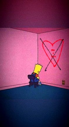 a cartoon character sitting in front of a heart with two arrows drawn on the wall