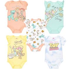 four baby bodysuits with cartoon characters on them, all in different colors and sizes