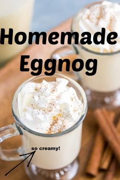 homemade eggnog in two mugs with cinnamon sticks on the side and text overlay