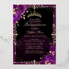 a purple and black wedding card with gold foil flowers on the front, and a tiara in the middle