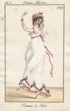 1802 Costume de Bal. Fashion Plate. Pink Streamers, 19th Century Gown, French Costume