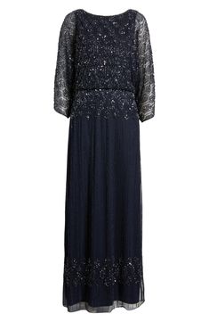 Light up the night in this glamorous gown designed with lustrous beading and framed by fluttering split sleeves. 56" length Hidden back-zip closure Bateau neck Three-quarter sleeves Lined 100% rayon Spot clean Imported Formal Embellished Maxi Dress With Cape Sleeves, Elegant Embellished Maxi Dress With Cape Sleeves, Elegant Gown With Embellished Cape Sleeves, Elegant Embellished Gown With Cape Sleeves, Formal Embellished Gown With Cape Sleeves, Elegant Beaded Evening Gown, Party Host Gift, Pisarro Nights, Light Up The Night