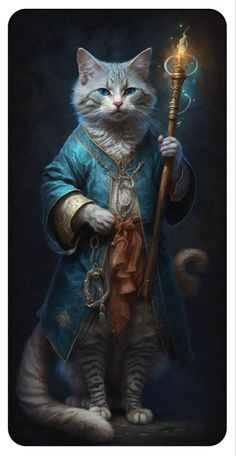 a white cat dressed up as a wizard holding a wand and wearing a blue outfit