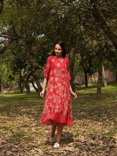 Bliss - Red Embroidered Cotton Silk Floral Dress By Priti Prashant now available at Trendroots