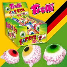 an advertisement for troll eye gumballs with two different colors and designs on the front