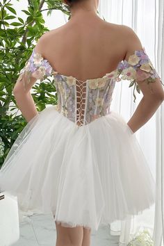 Off Shoulder Hoco Dress, Cheap Homecoming Dresses Short, 3d Floral Dress, Spring Costume, Hoco Inspo, Hoco Ideas, Haute Couture Wedding Dress, Fashion Bra, Floral Embellishment