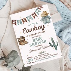 a baby shower is shown with cowboy themed items