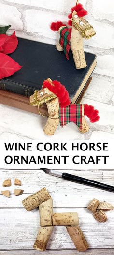 wine cork horse ornament craft with text overlay that reads, wine cork horse ornament craft