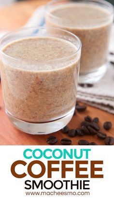 two glasses filled with coffee smoothie on top of a wooden table