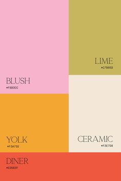 four different colors with the word's name in each color scheme, including pink, yellow