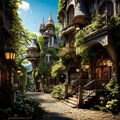 an image of a fantasy city with lots of trees and plants on the buildings that look like houses