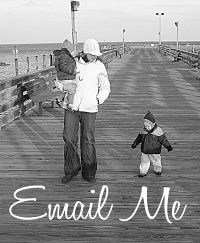 a woman and child standing on a pier with the words email me written over them