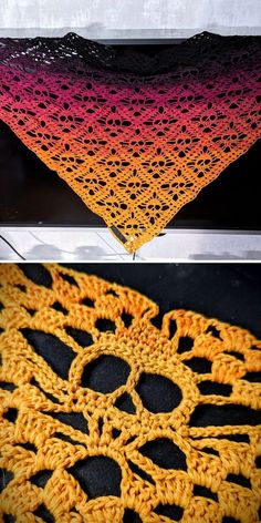 crocheted doily is shown in two different colors, one orange and the other pink