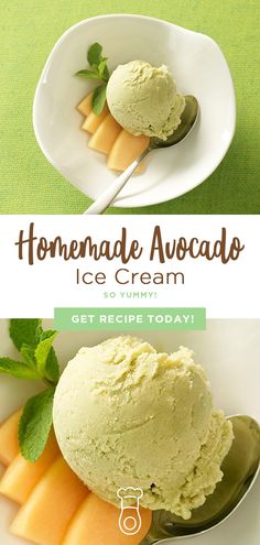 homemade avocado ice cream in a white bowl and on a green tablecloth