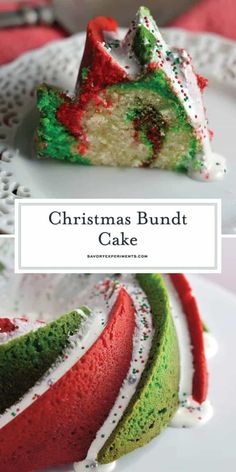 christmas bundt cake on a white plate with red, green and white icing