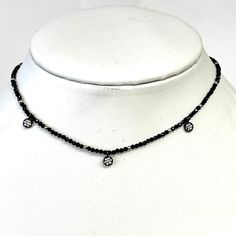 Jet Black Beaded Choker Interspersed Silver Beads 3 Small CZ Discs Length 12", 3" Extender Cheap Adjustable Choker With Round Beads, Jet Black, Beaded Choker, Black Beads, Silver Beads, Beads, Silver, Black