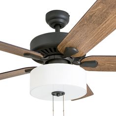 a ceiling fan with two wooden blades and a white light fixture hanging from it's side