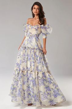 Hydrangea Feminine voluminous sheer sleeves dress ➤➤ Milla Dresses - USA, Worldwide delivery Freshman Hoco Dresses, Sheer Sleeve Dress, Off Shoulder Evening Dress, Fairy Skirt, Marine Uniform, Princess Sleeves, Loose Maxi Dress, Evening Dresses Elegant, Summer Party Dress