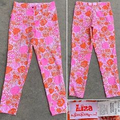 vintage Pulitzer Jeans pants Liza by Lilly Pulitzer floral size 11 31.5 to 32 in | eBay Vintage Cotton Pants With Floral Print, Vintage Wide Leg Pants With Floral Print, Vintage Wide Leg Floral Print Pants, Vintage Floral Print Pants For Spring, Vintage Floral Print Straight Leg Bottoms, Vintage Floral Print Summer Pants, Fitted Floral Print Tapered Leg Pants, Fitted Floral Print Straight Pants, Vintage Pink Floral Print Bottoms