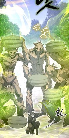 an image of some anime characters in front of green plants and trees with the words's on it