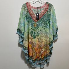 Beautiful Pastel Red, Green, Yellow, Blue Orange And Purple Kaftan Top New No Defects Polyester Multicolor Short Sleeve Cover-up For Festival, Multicolor Short Sleeve Festival Cover-up, Bohemian Multicolor Tunic With Vibrant Print, Blue V-neck Cover-up With Floral Print, Blue Floral Print V-neck Cover-up, Blue V-neck Floral Print Cover-up, Multicolor Printed Short Sleeve Cover-up, Multicolor Short Sleeve Printed Cover-up, Multicolor Boho Print Summer Tunic