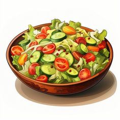 a wooden bowl filled with lettuce, tomatoes and cucumbers