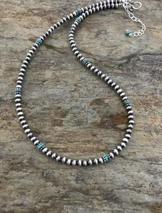 Sterling Silver Navajo Pearls with Turquoise Bead Necklace. 16 inch Artisan Silver Turquoise Necklace With Spacer Beads, Southwestern Turquoise Necklaces With Silver Beads, Southwestern Turquoise Necklace With Silver Beads, Bohemian Silver Turquoise Necklace With Spacer Beads, Silver Turquoise Necklace With Round Beads In Southwestern Style, Turquoise Stone Jewelry, Turquoise Squash Blossom, Cowgirl Bling, Navajo Pearls